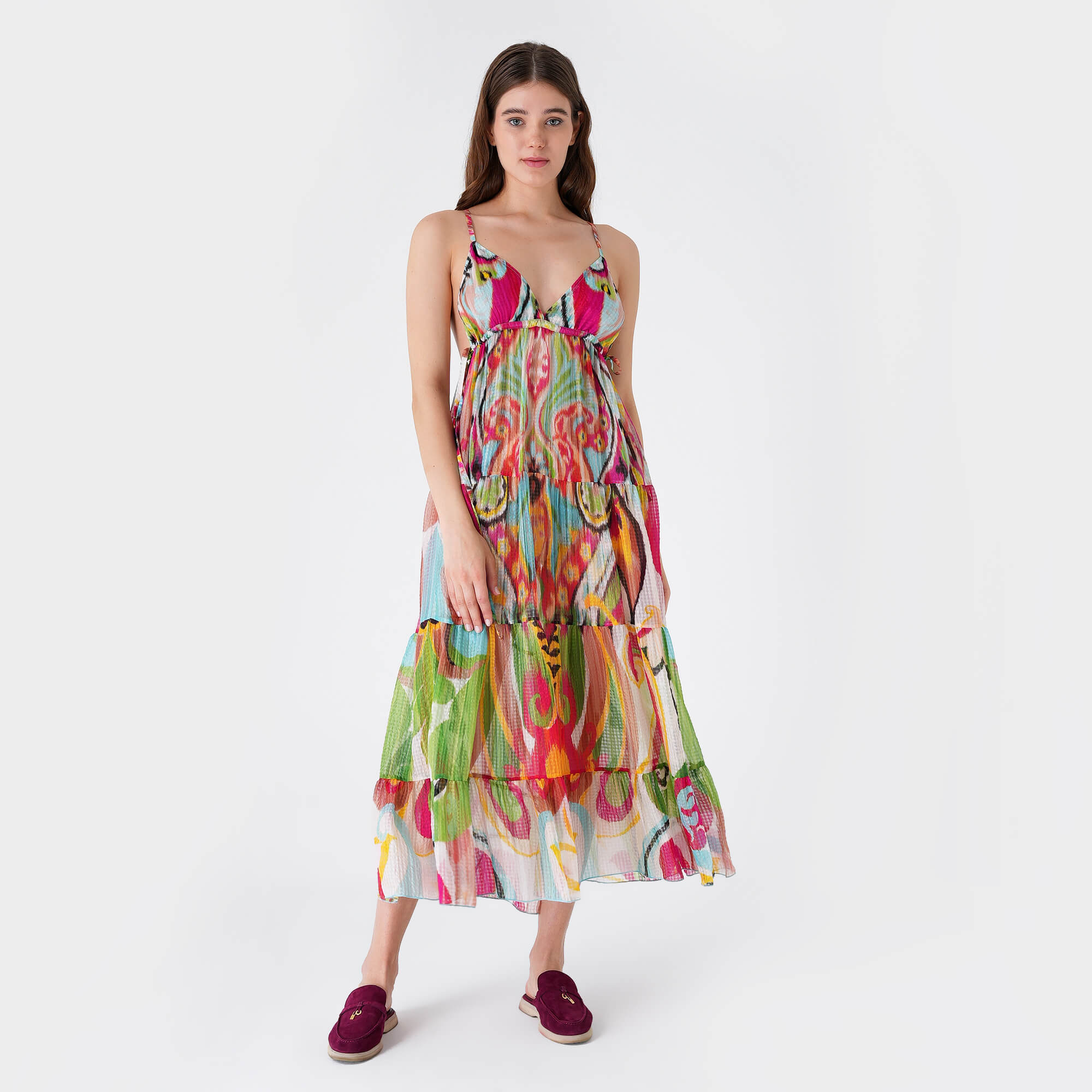 Etro - Pink&Green&Yellow&Blue Silk Strap Dress 